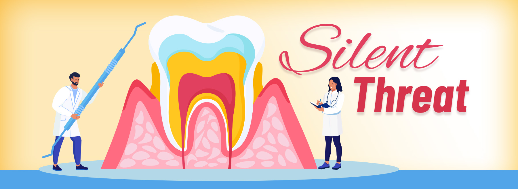 Illustration of dentists examining a gums of teeth